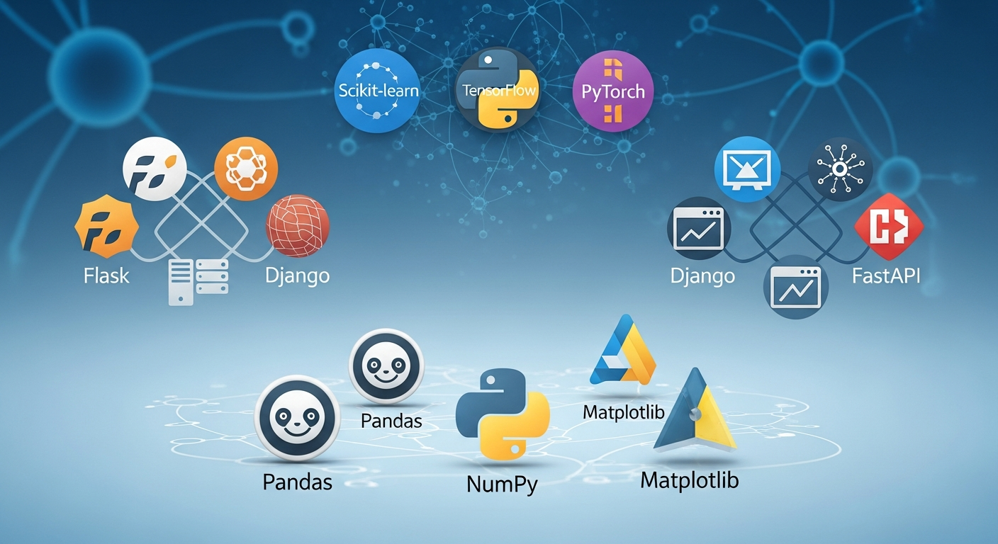 필수 파이썬 라이브러리 아이콘과 그 활용 분야를 보여주는 이미지
