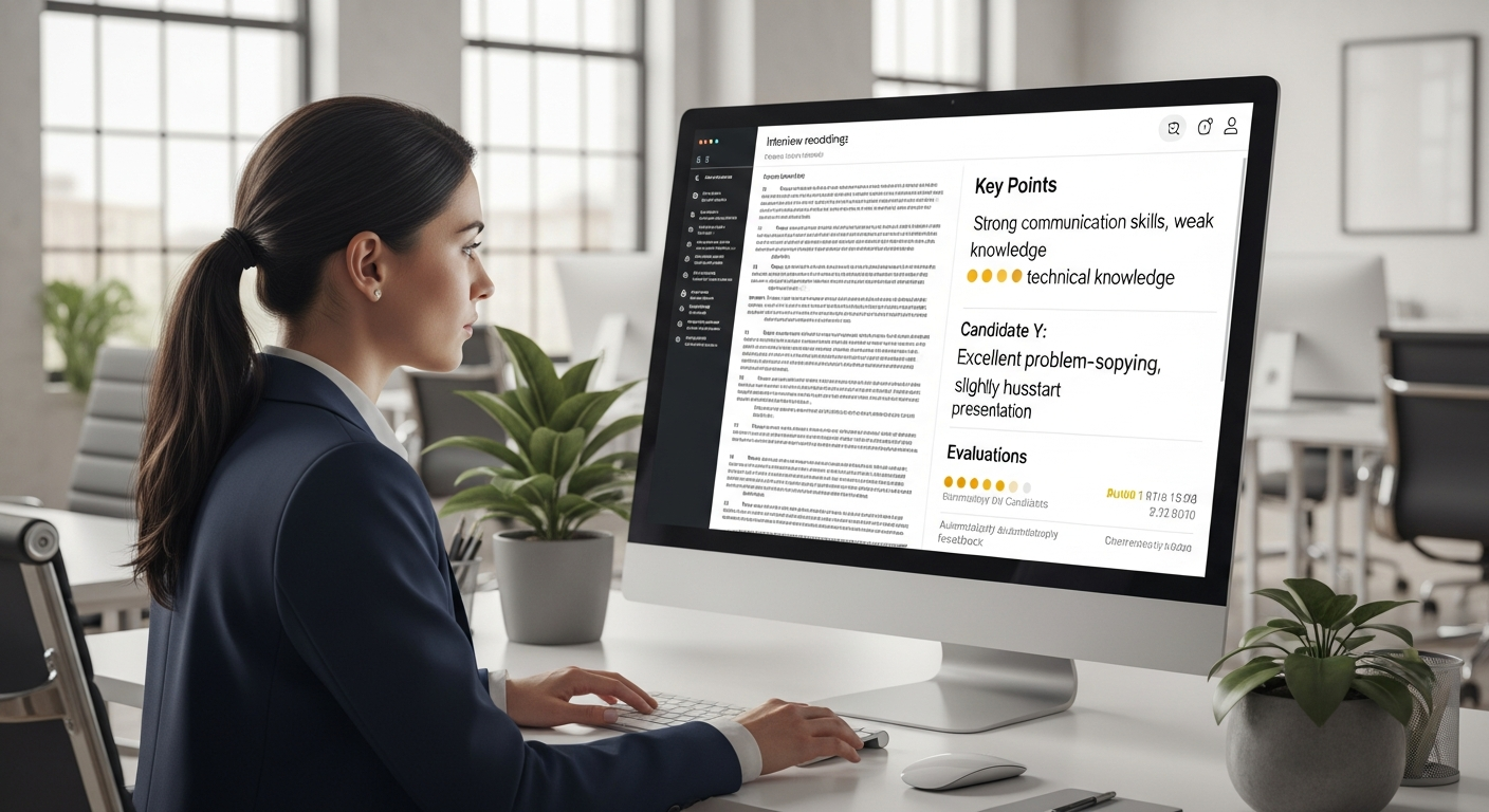 AI가 면접 녹음본을 텍스트 요약 및 평가로 변환하는 HR팀 업무 장면