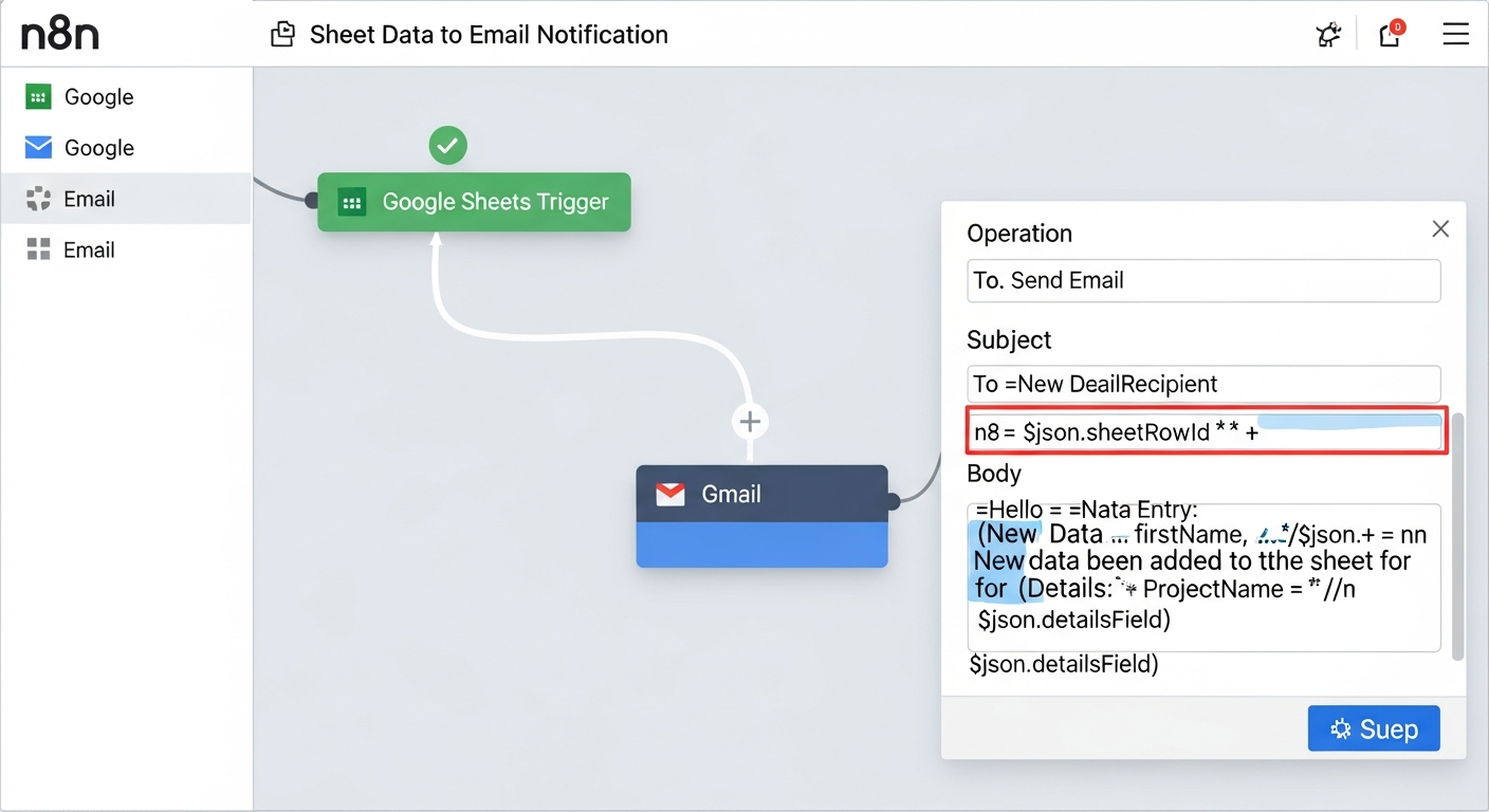 n8n에서 구글 시트 트리거와 연동된 Gmail 액션 노드를 설정하여 자동 이메일 발송하는 과정