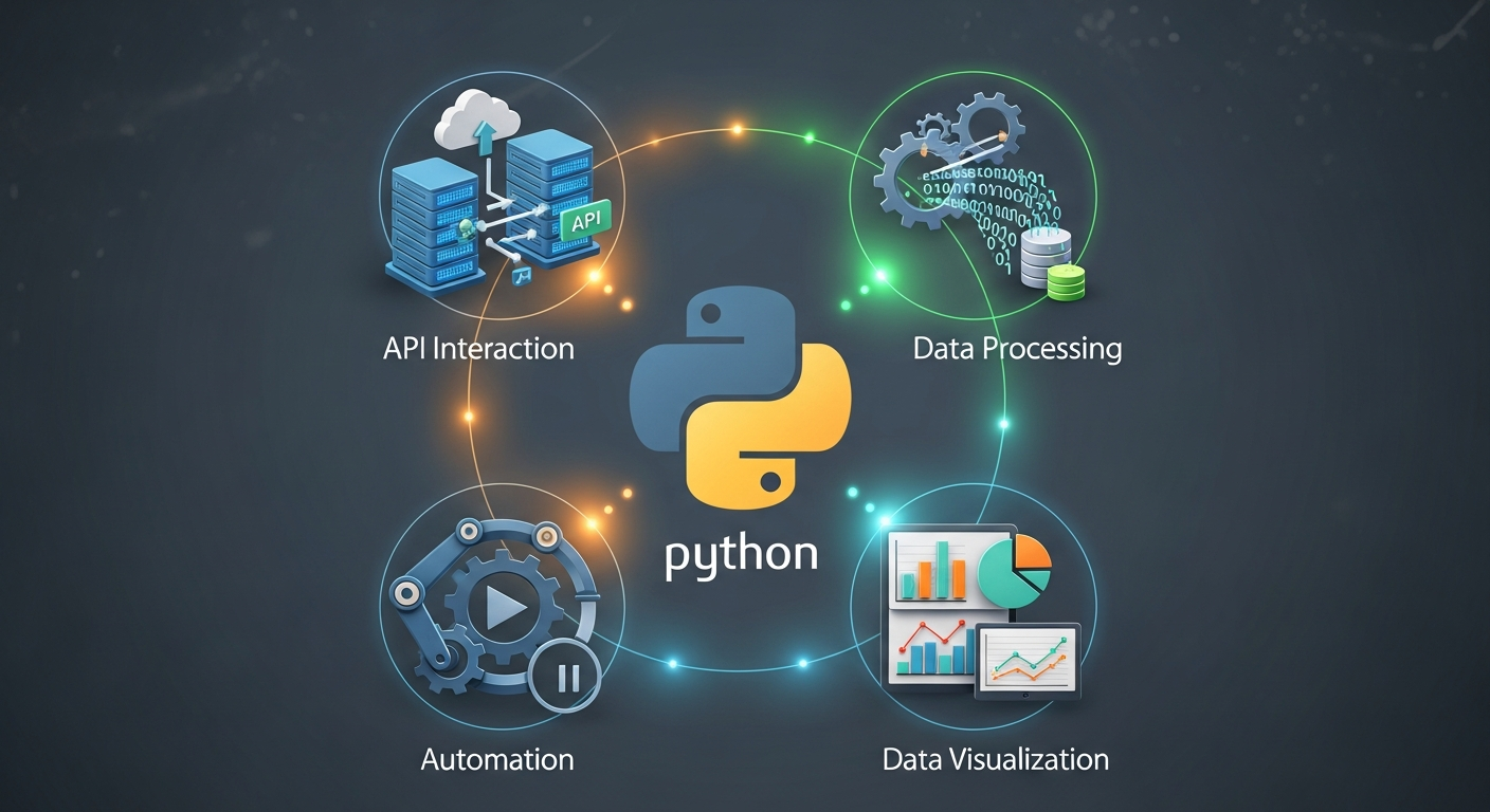 API 연동, 데이터 처리, 자동화, 결과 시각화를 나타내는 아이콘과 파이썬 로고