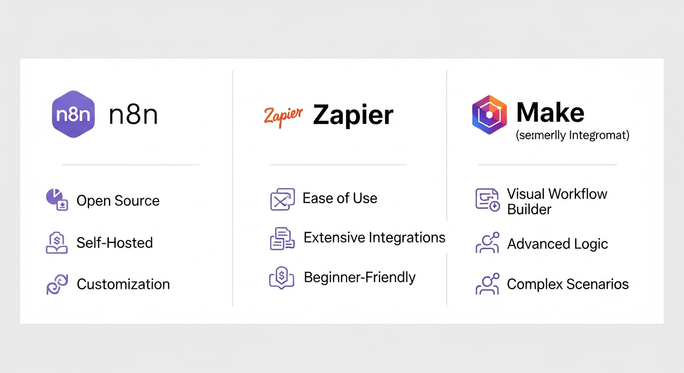 n8n, Zapier, Make 자동화 툴의 주요 기능과 차별점 비교 인포그래픽