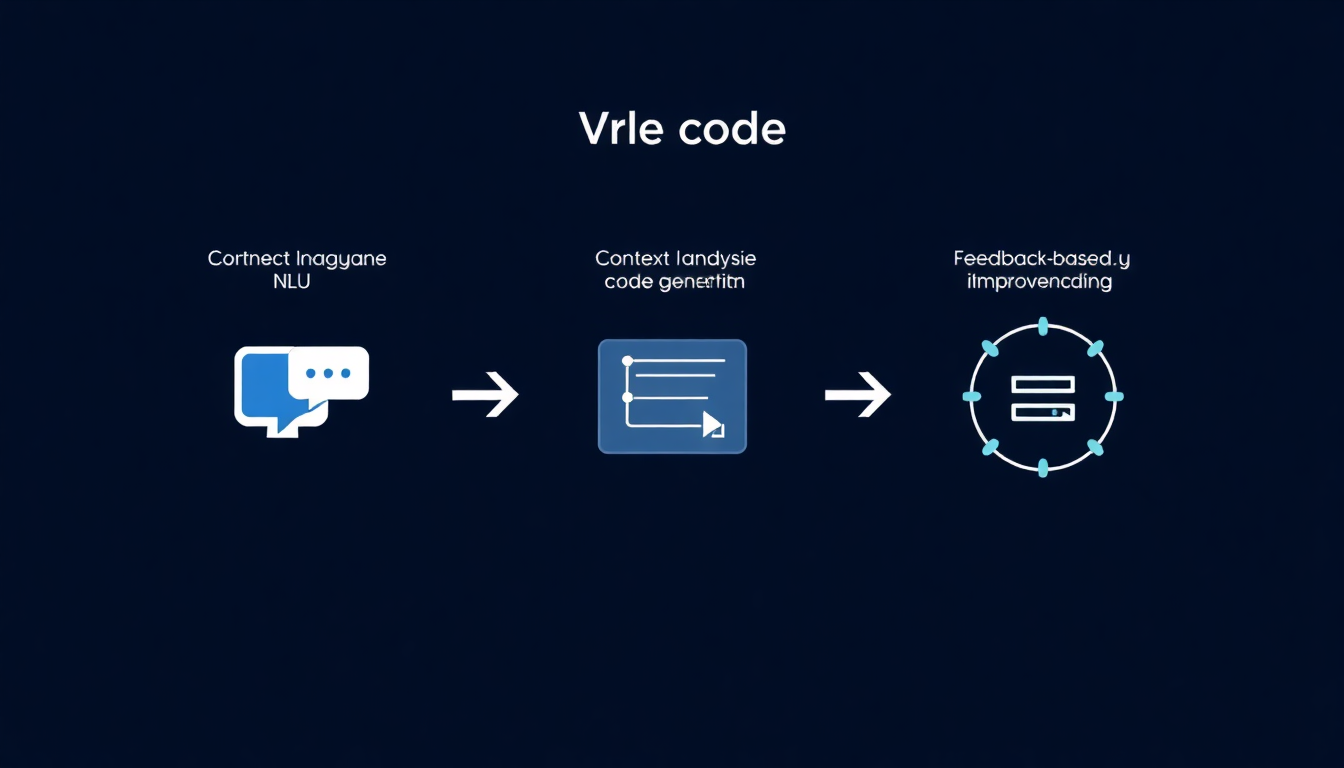 자연어 이해, 컨텍스트 분석 및 코드 생성, 피드백 기반 반복 개선의 바이브 코딩 작동 원리 3단계를 시각적으로 보여주는 이미지