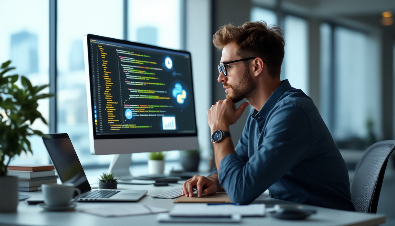 사람이 컴퓨터 화면을 보며 파이썬 코딩 문제를 고민하는 모습과 AI 데이터 분석 시대를 상징하는 배경 이미지