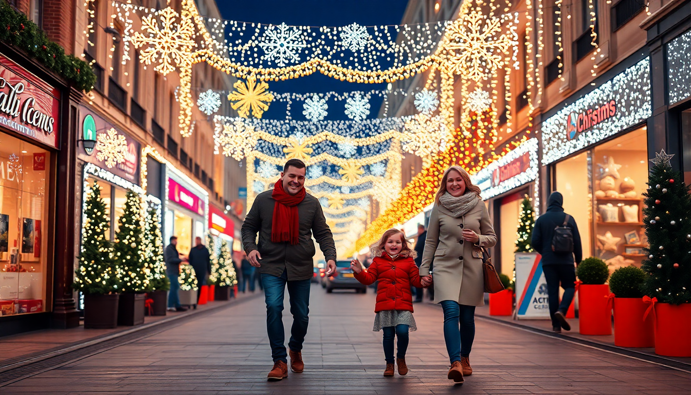 서울의 크리스마스 거리에서 즐거운 가족이 손을 잡고 걷는 모습