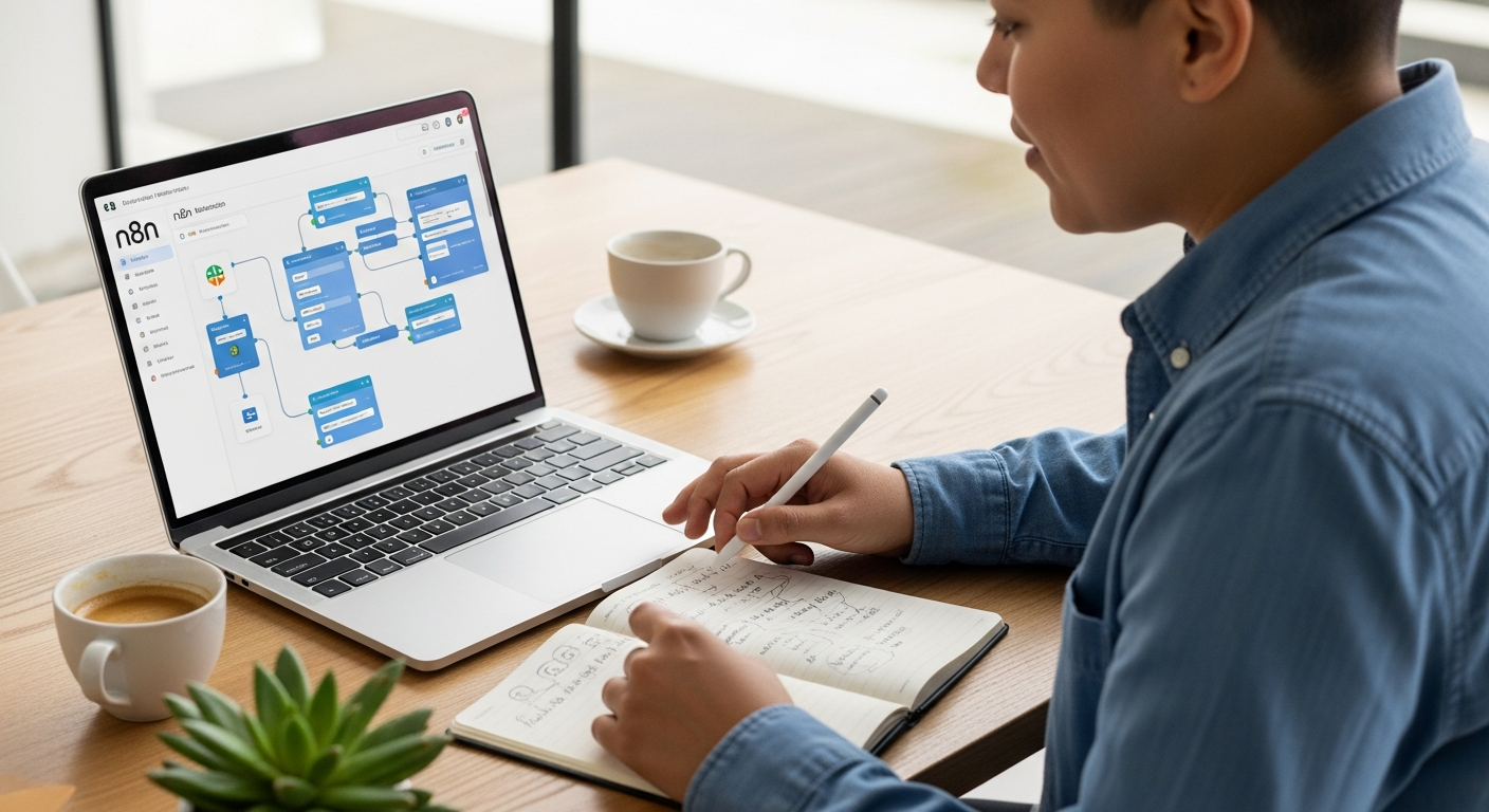 n8n를 사용해 나만의 자동화 여정을 시작하는 사용자 모습