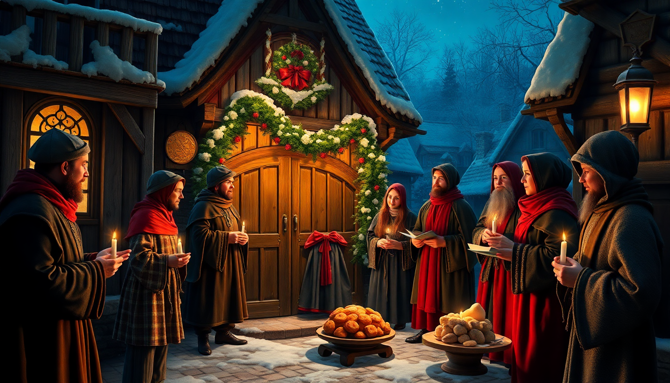 중세 유럽에서 부잣집 문앞에서 캐롤을 부르며 피기 푸딩을 받는 모습