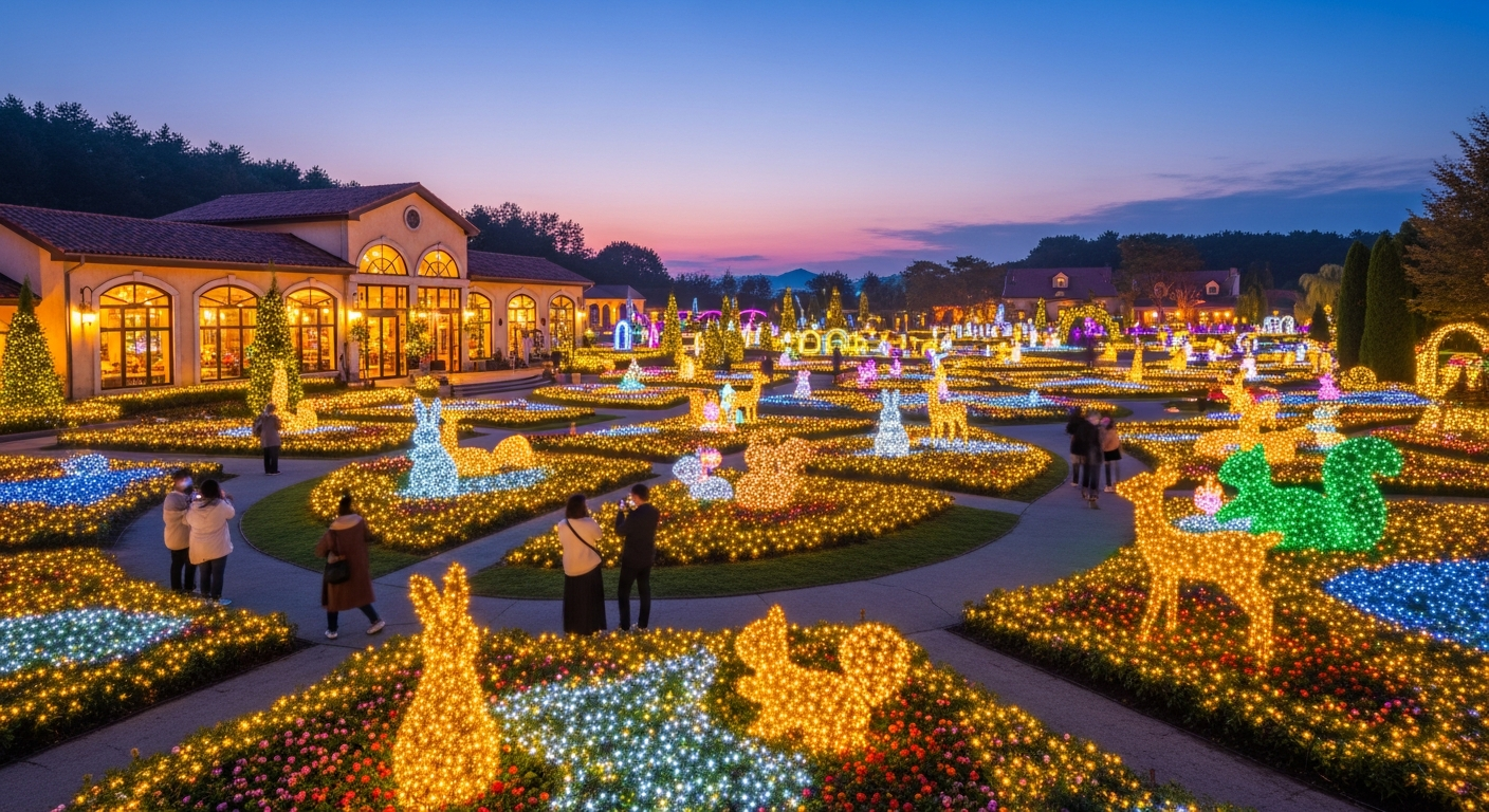 파주 퍼스트가든의 유럽풍 정원과 아기자기한 조명, 동물 토피어리 조형물