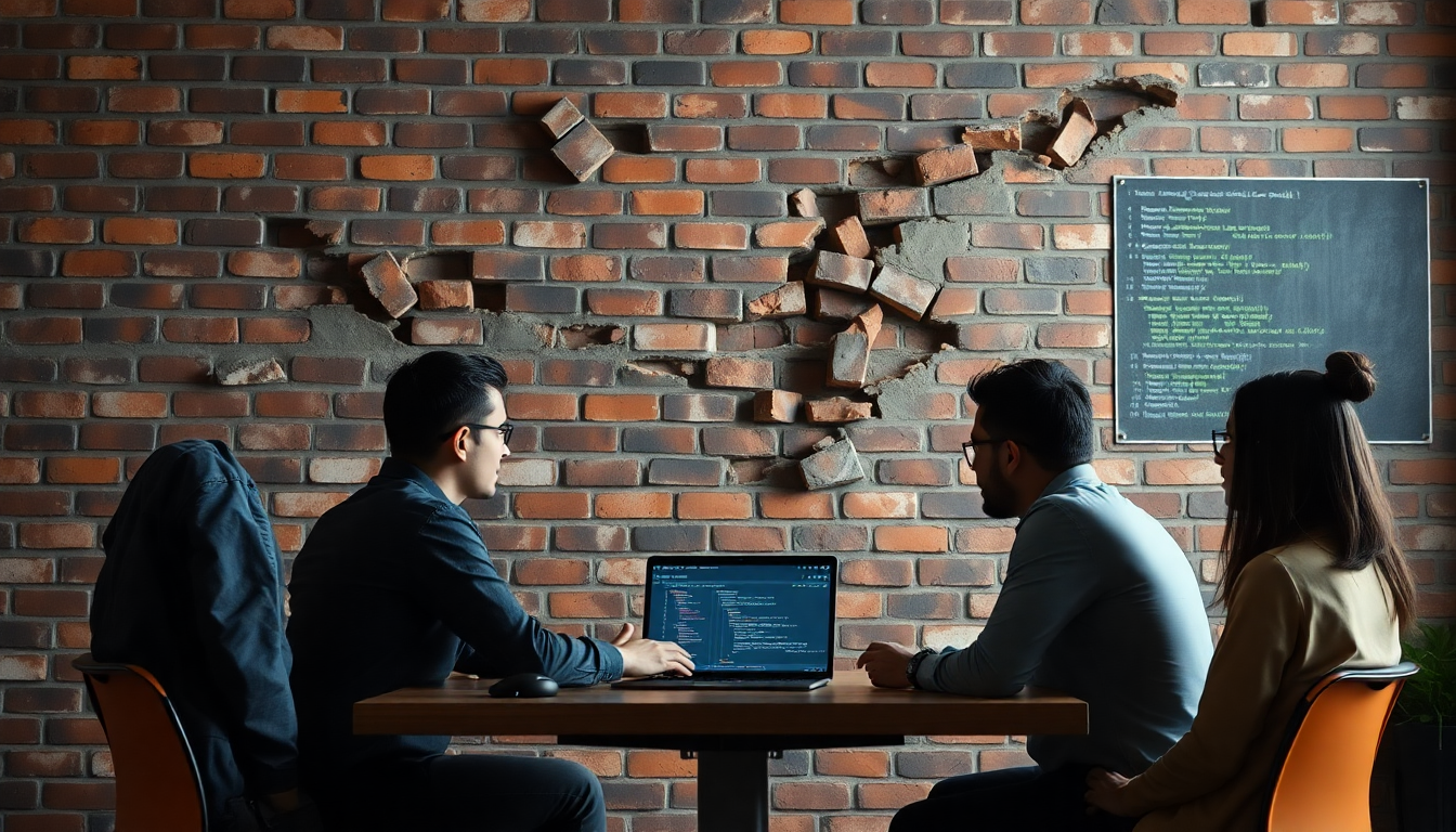 기술 부채 위험과 소프트웨어 개발 팀의 토론 장면