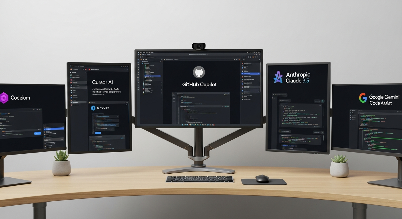 2025년 시장을 지배하는 대표 AI 코딩 도구 TOP 5의 인터페이스와 로고를 보여주는 비교 이미지
