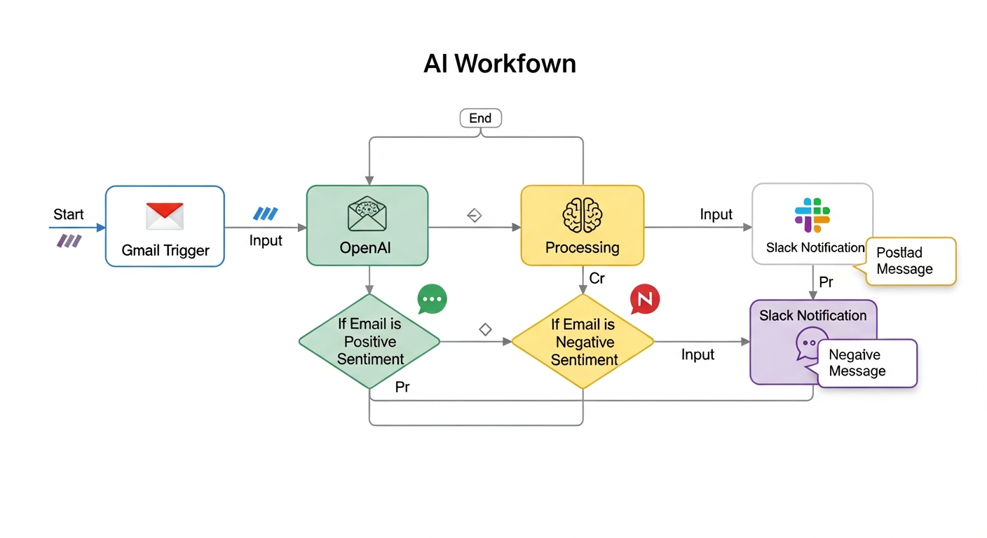 Gmail 트리거부터 Slack 알림까지 연결된 AI 워크플로우 단계별 흐름도