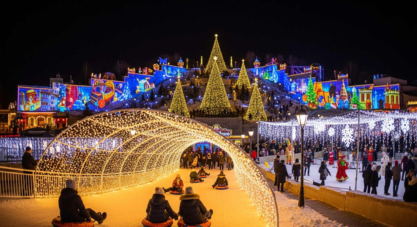 서울랜드 루나파크 크리스마스 페스티벌의 빛의 언덕과 눈썰매장 풍경