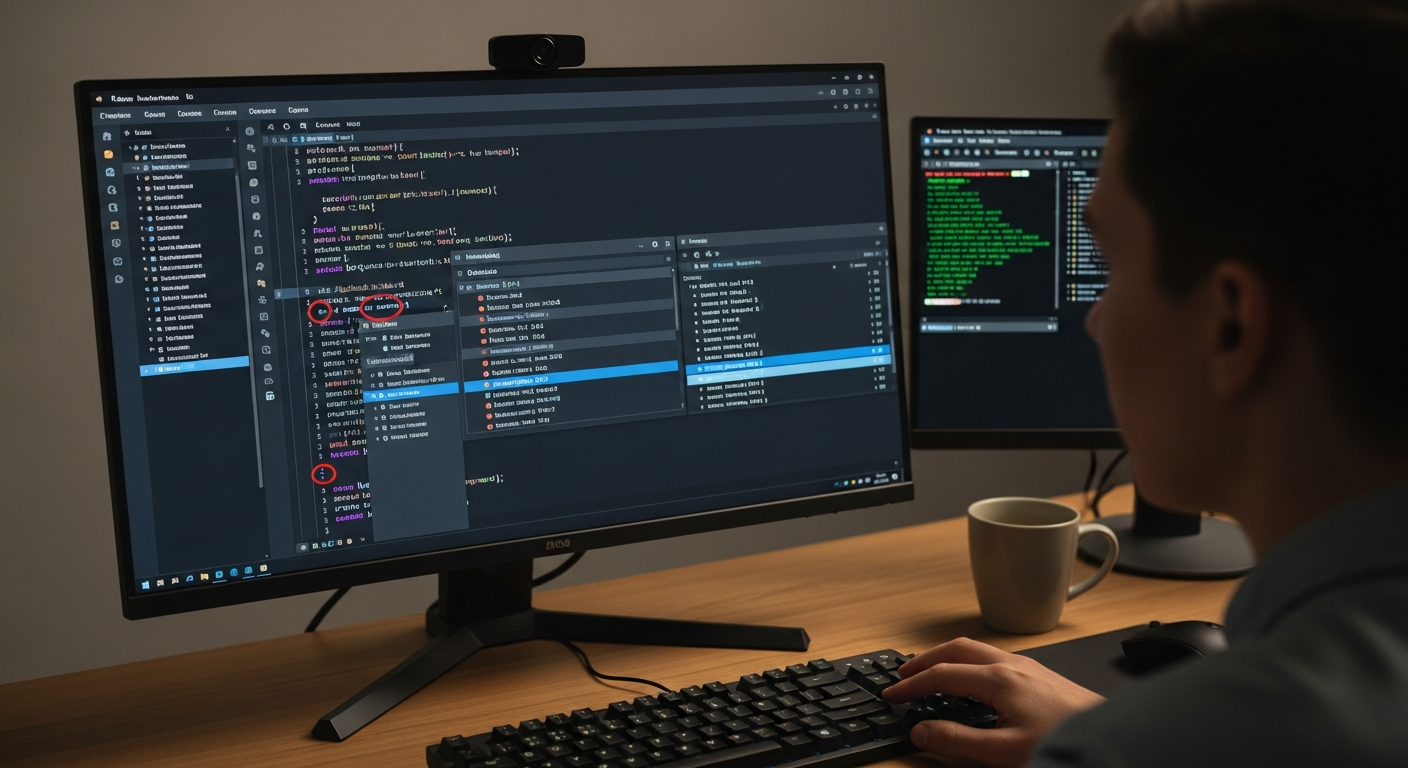 VSCode 또는 PyCharm에서 중단점과 변수 추적 기능을 활용하는 개발자 모습