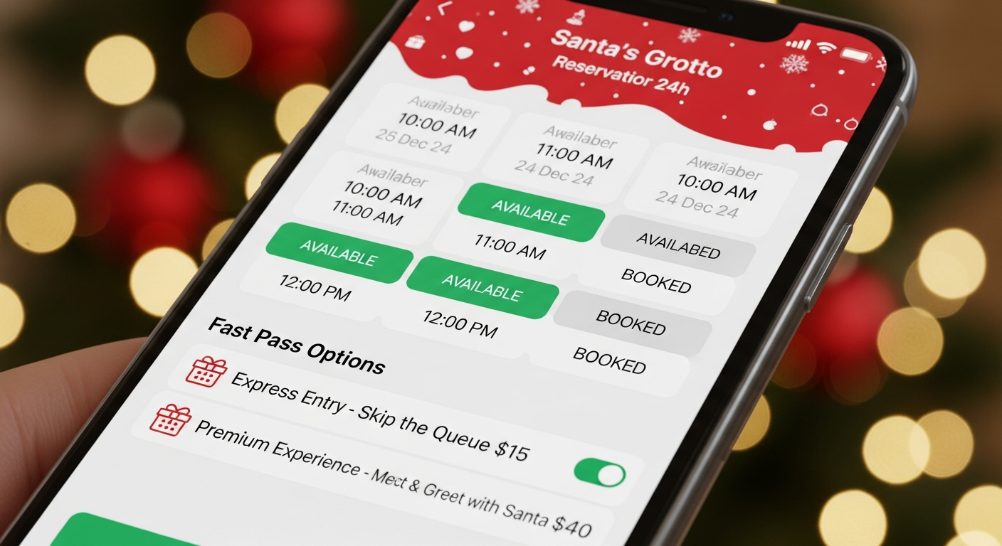 크리스마스 행사 예약과 패스트패스 시스템을 보여주는 스마트폰 앱 화면