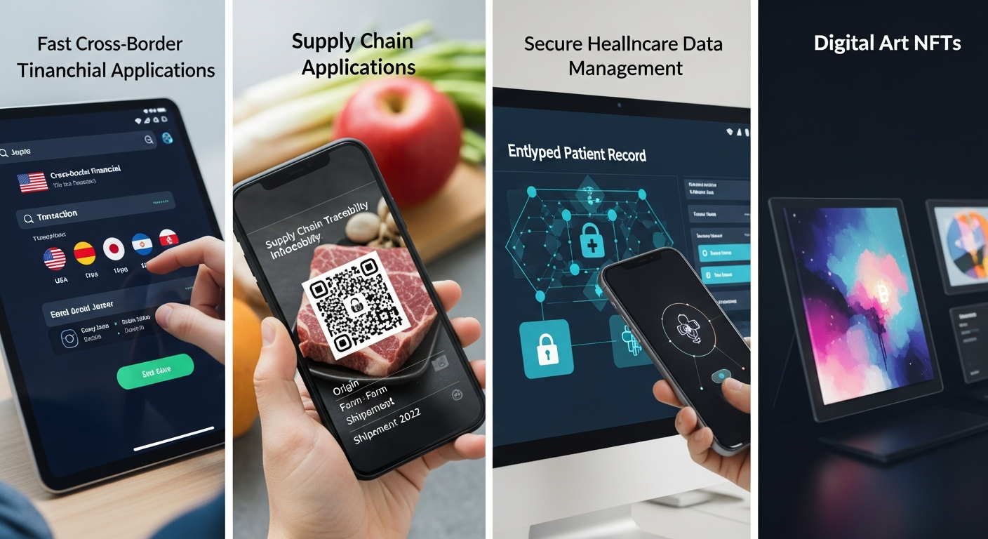 금융, 공급망, 헬스케어, NFT 분야에서의 블록체인 혁신 사례를 보여주는 이미지