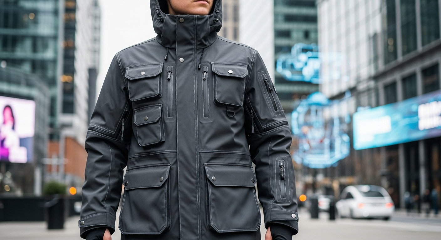 준비된 자들의 스타일 철학을 표현한 다기능 방수 재킷을 입은 사람