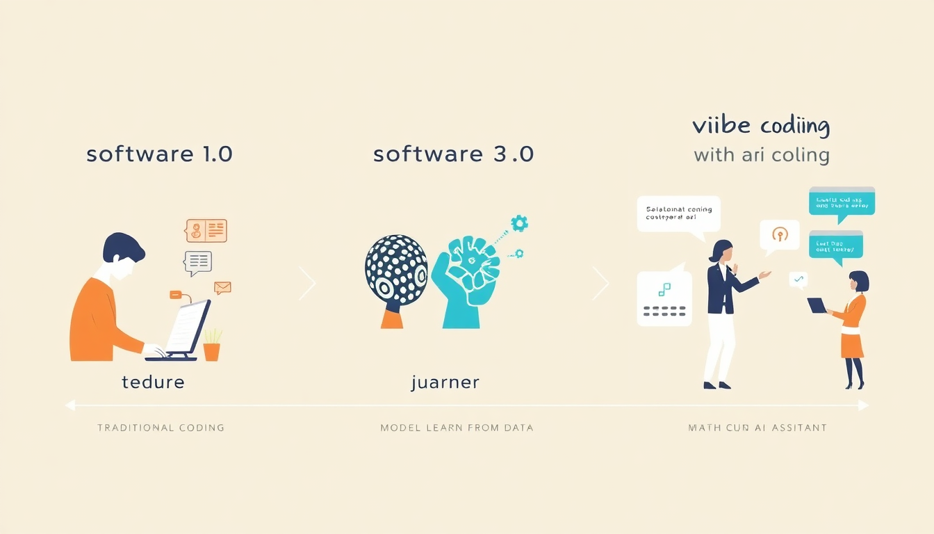 전통 코딩부터 머신러닝, 바이브 코딩까지 소프트웨어 발전 과정을 보여주는 인포그래픽
