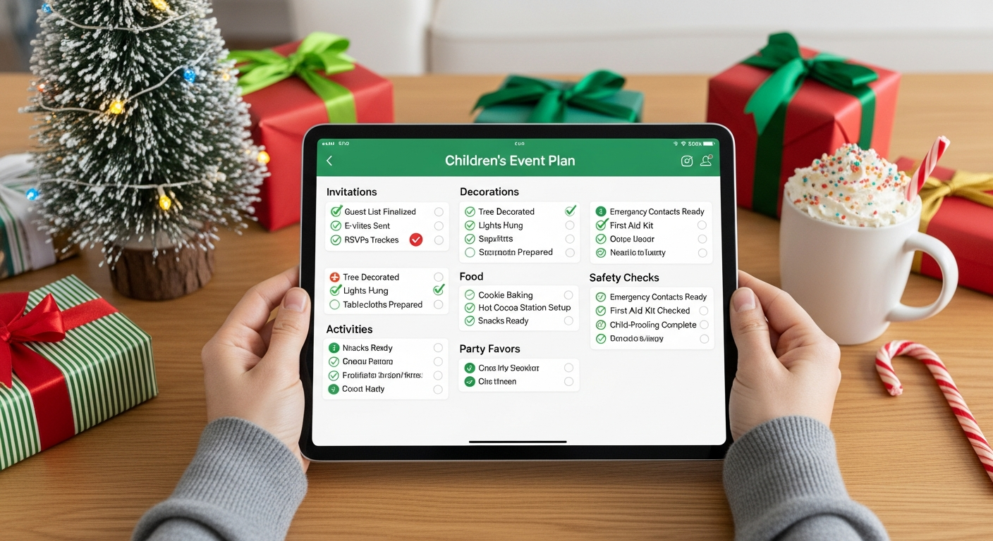 어린이 크리스마스 행사 준비 체크리스트를 보여주는 디지털 기기 화면과 정돈된 장소 모습