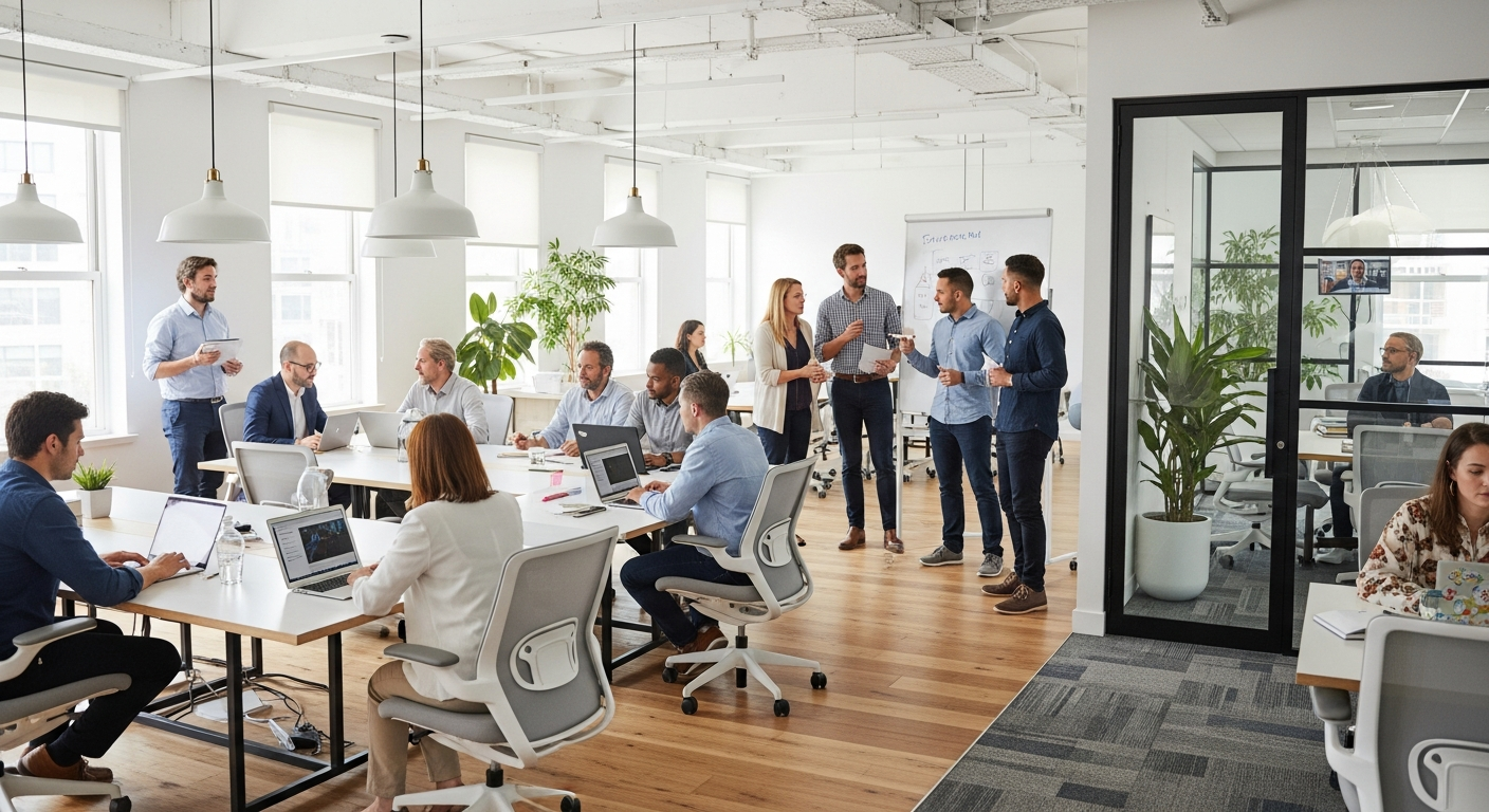 다양한 직장인이 협업하며 노트북으로 작업하는 현대적인 코워킹 스페이스의 사진