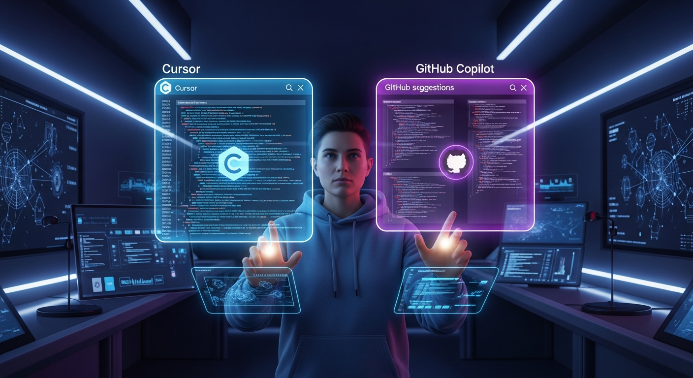 바이브 코딩의 미래와 AI 도구 선택을 상징하는 개발자 모습