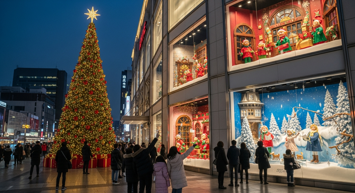 명동 롯데백화점 대형 크리스마스 트리와 쇼윈도에서 움직이는 인형들이 있는 크리스마스 장식