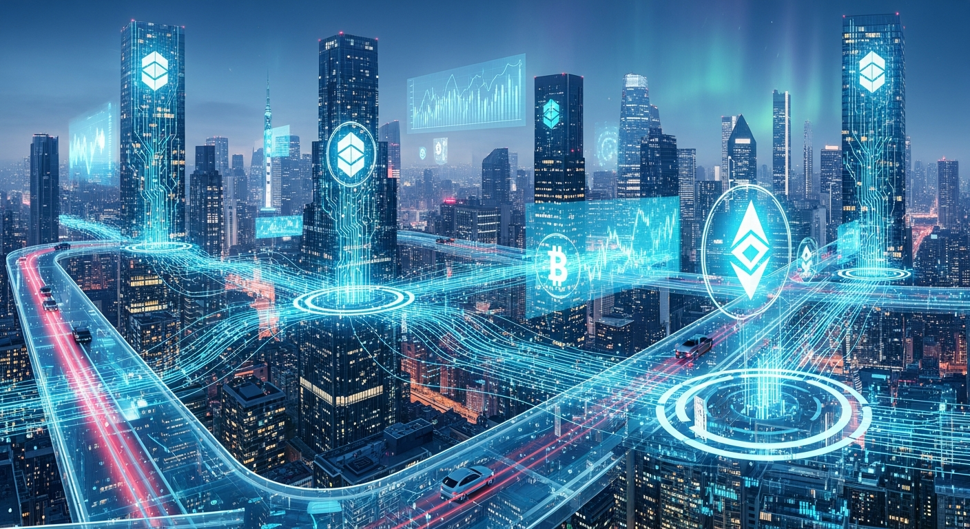 기술과 블록체인 상징이 융합된 미래 지향적인 디지털 도시 풍경