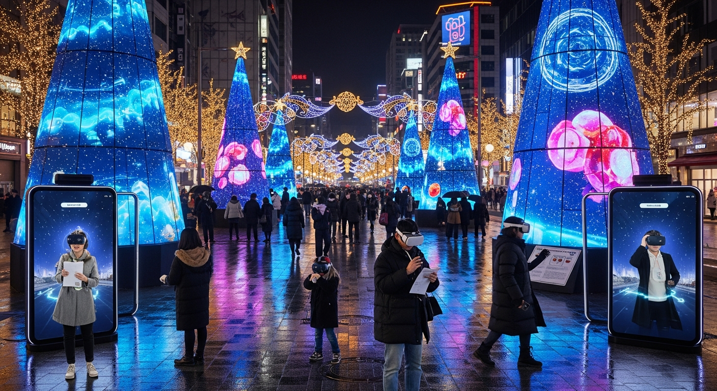 서울 도심의 화려한 크리스마스 야경과 디지털 미디어 아트