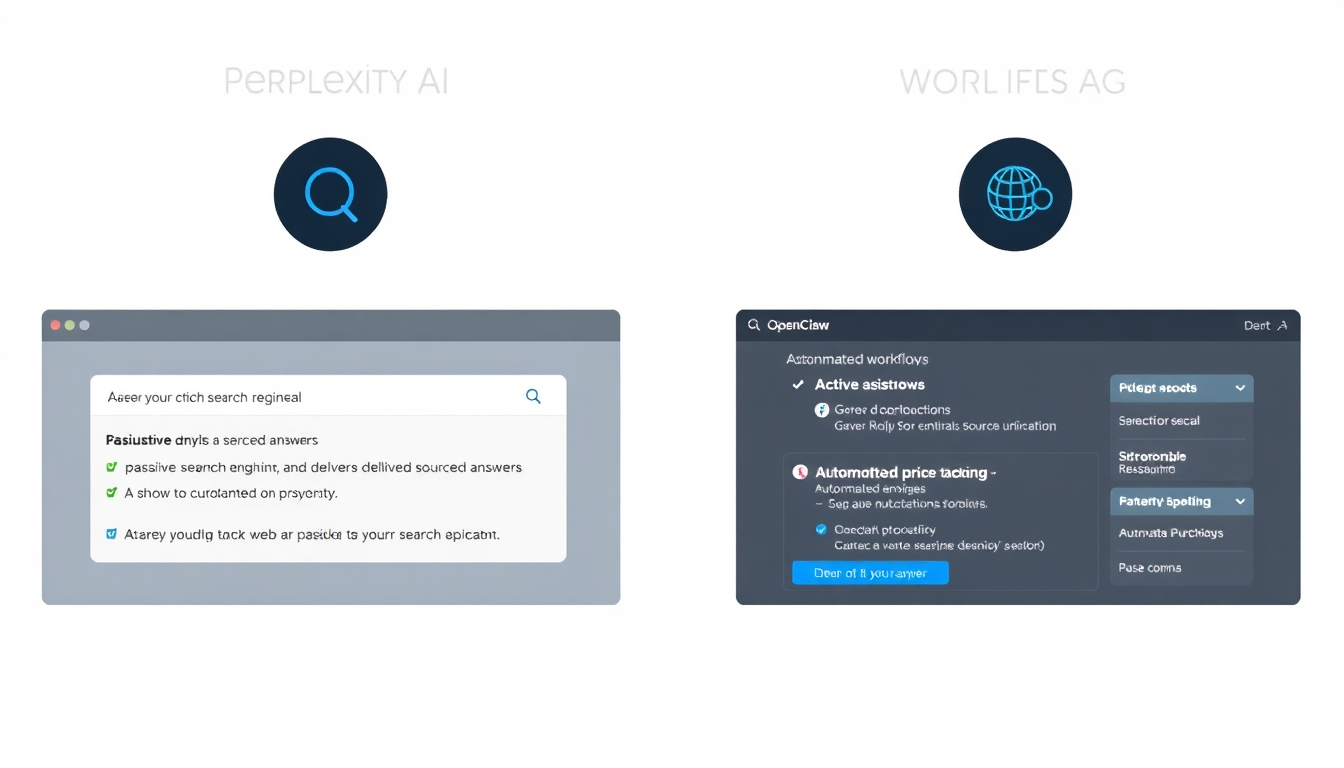 Perplexity AI의 수동적 답변 제공과 OpenClaw의 능동적 웹 작업 실행 대비 장면