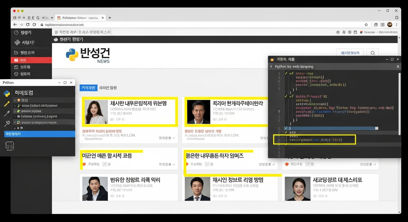 파이썬을 이용한 뉴스 헤드라인 스크래핑 웹 브라우저 화면