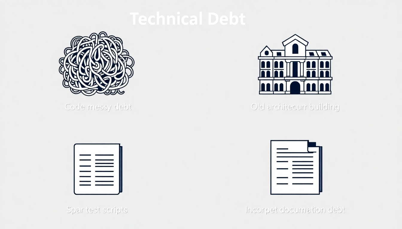 기술 부채의 네 가지 종류를 상징적으로 표현한 이미지