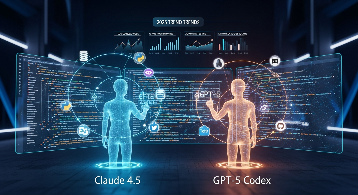 2025년 최신 AI 코딩 모델과 확장된 AI 에이전트 협업을 표현한 미래지향적 이미지