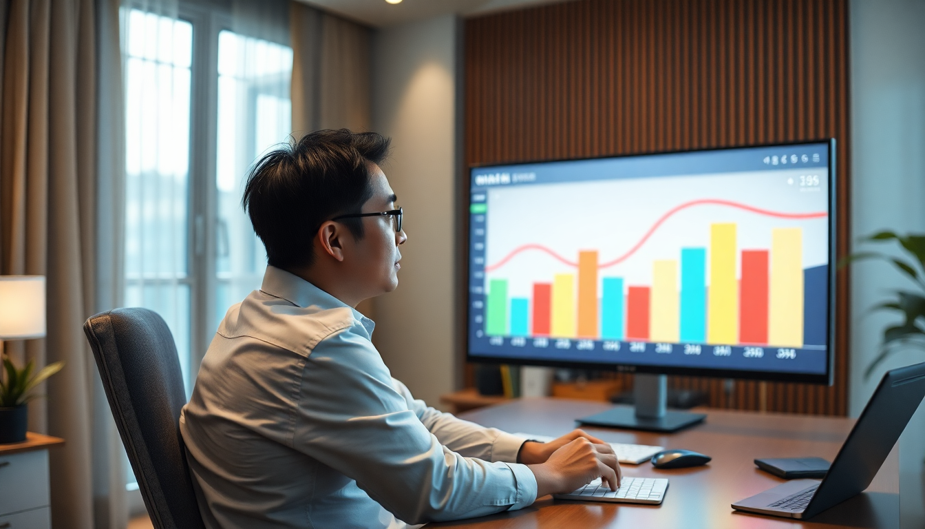 밸류 에버리징 개념을 시각화한 화면을 바라보는 한국인 투자자의 모습