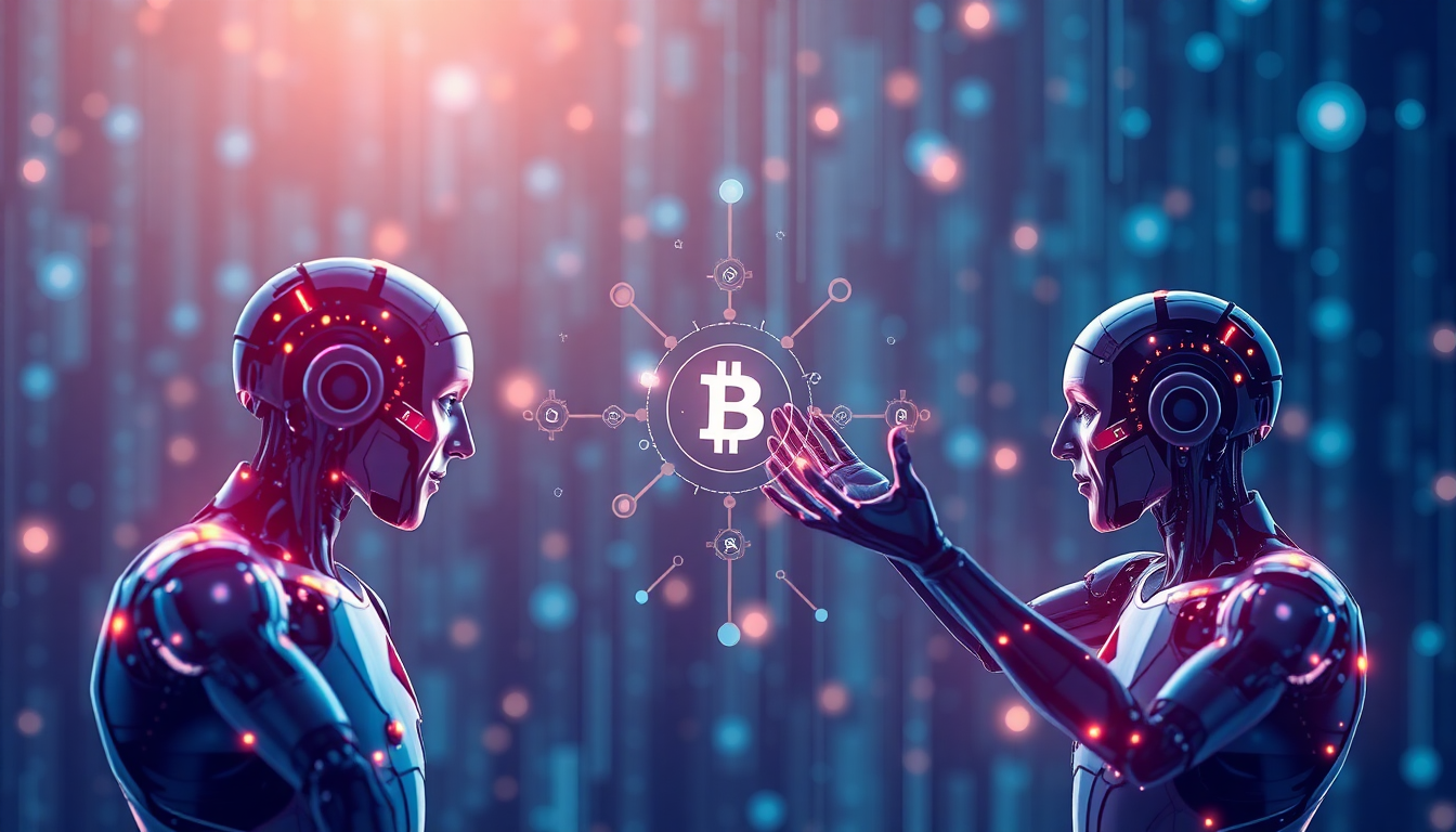 AI와 블록체인 융합을 보여주는 탈중앙화 AI 에이전트와 투명한 데이터 기록 이미지