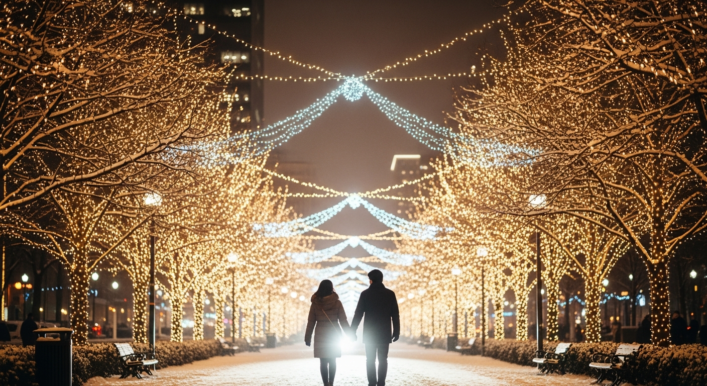 서울빛초롱축제나 세종 빛의 트리숲에서의 낭만적인 크리스마스 야간 산책 분위기