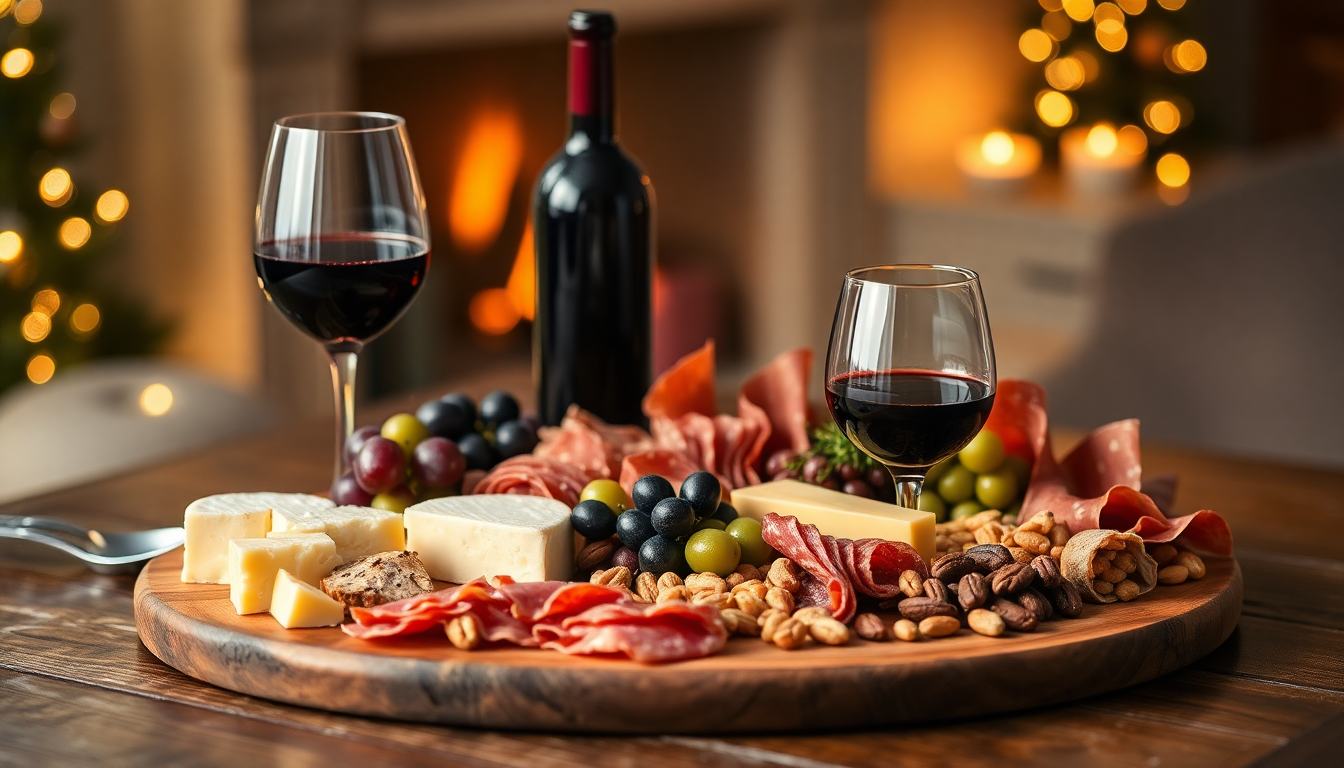분위기 있는 인디와 재즈 캐롤과 어울리는 고급 와인과 치즈 플래터