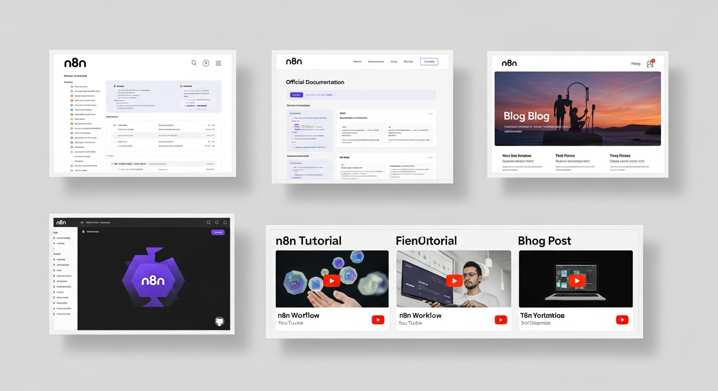 n8n 공식 문서, 블로그, GitHub, 유튜브 영상 학습 자료 모음 화면