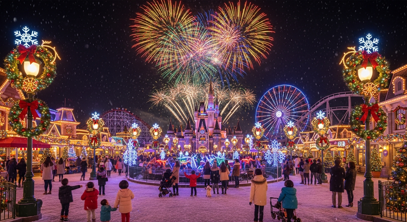 대구 이월드 일루미네이션 축제의 화려한 불꽃놀이와 놀이기구들이 있는 가족 친화적 야간 모습