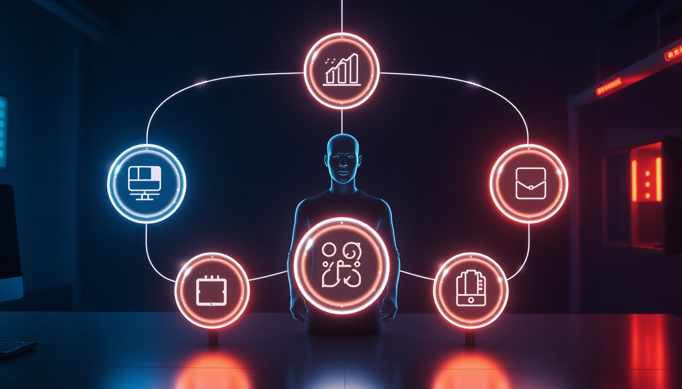 섹션 2 다섯 단계 루프를 상징하는 다섯 개의 빛나는 구와 원형 루프를 연결하는 추상 아이콘의 시각화