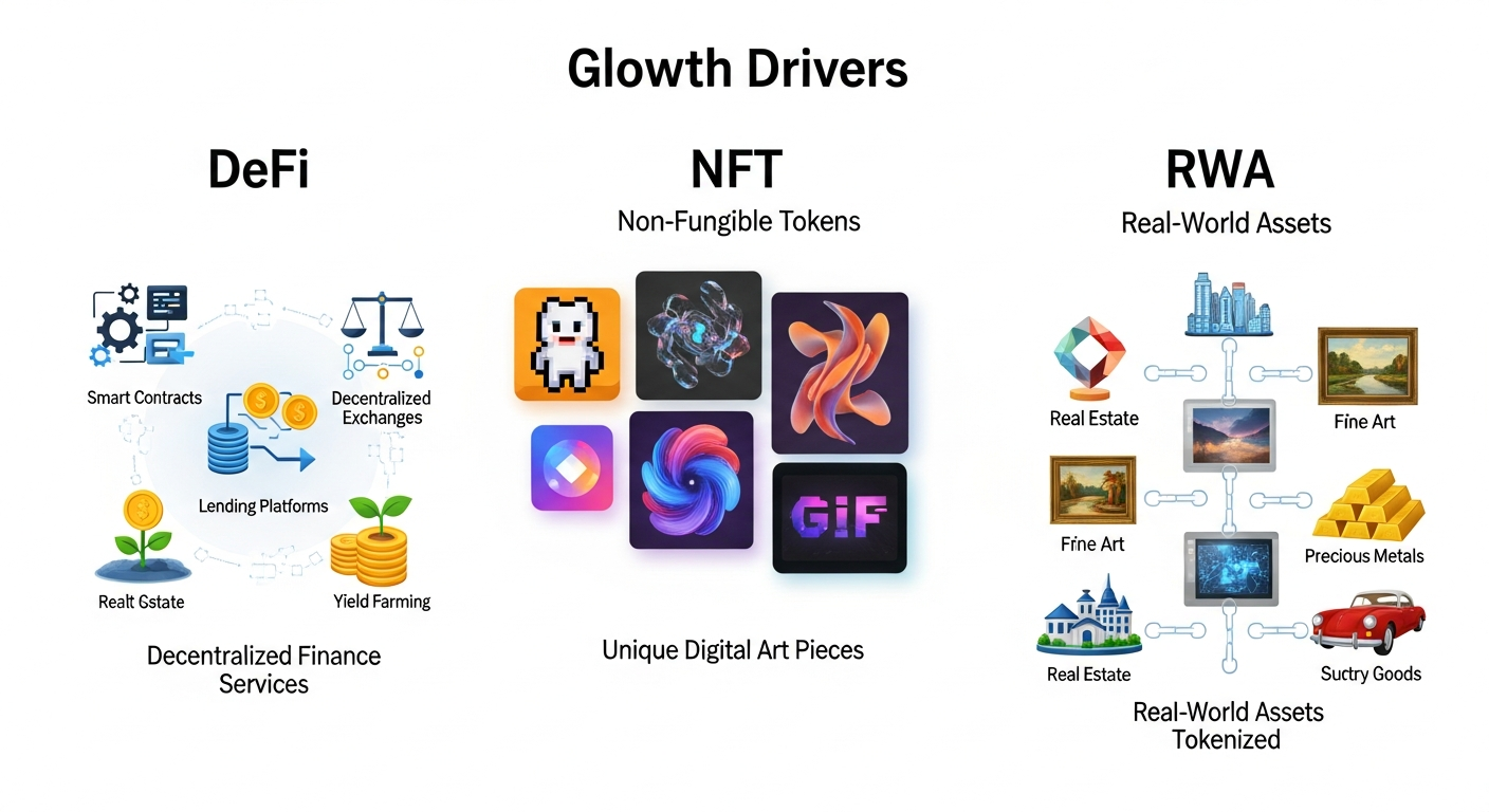 블록체인 성장 동력인 DeFi, NFT, 실물자산 토큰화(RWA)를 시각적으로 나타낸 인포그래픽