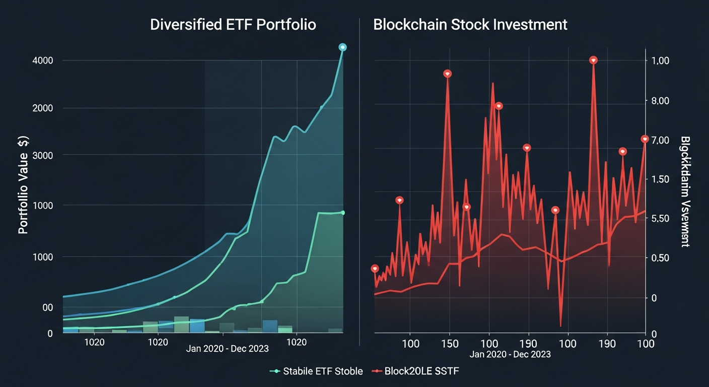 블록체인 ETF 투자와 주식 투자 전략의 수익성과 위험성을 비교한 금융 차트 이미지