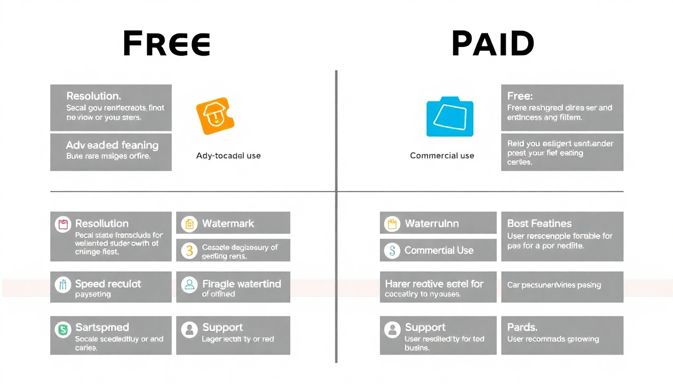 무료 AI 이미지 생성기와 유료 AI 이미지 생성기의 주요 기능과 혜택 차이를 비교한 인포그래픽