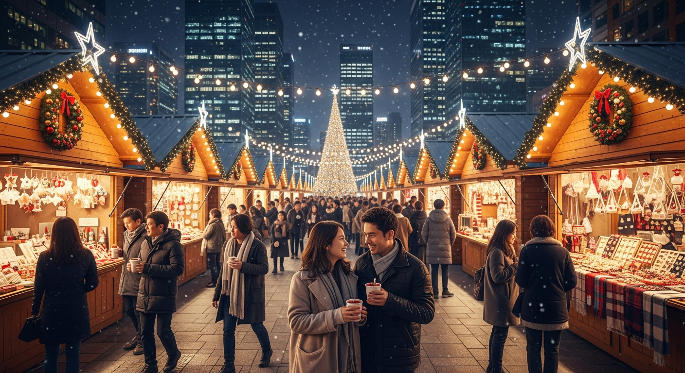 서울 광화문 크리스마스 마켓의 활기찬 야경과 수공예품 가판대 모습