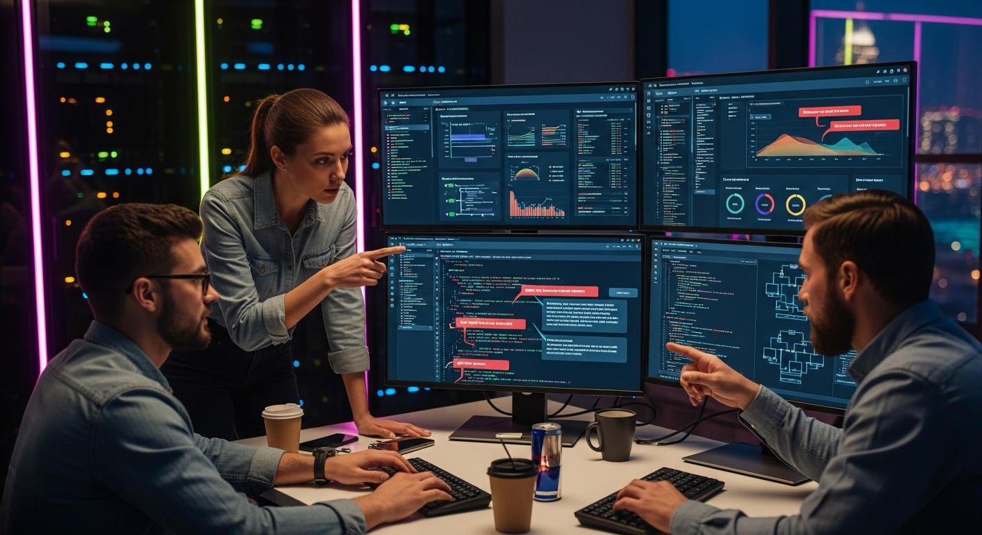 AI가 생성한 코드의 품질과 보안 취약점을 분석하며 코드 리뷰를 진행하는 개발자들