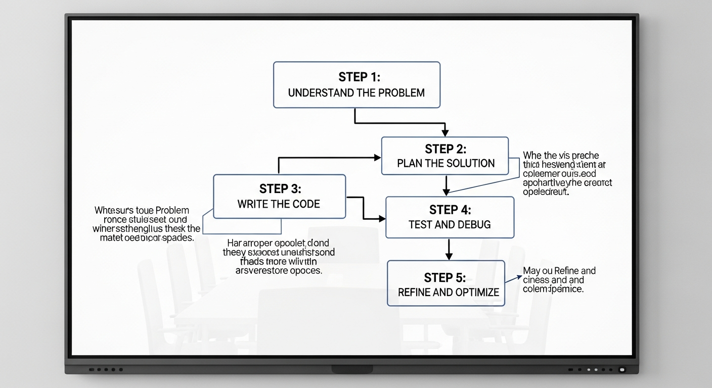 체계적인 5단계 파이썬 코딩 문제 해결법을 보여주는 플로우 차트
