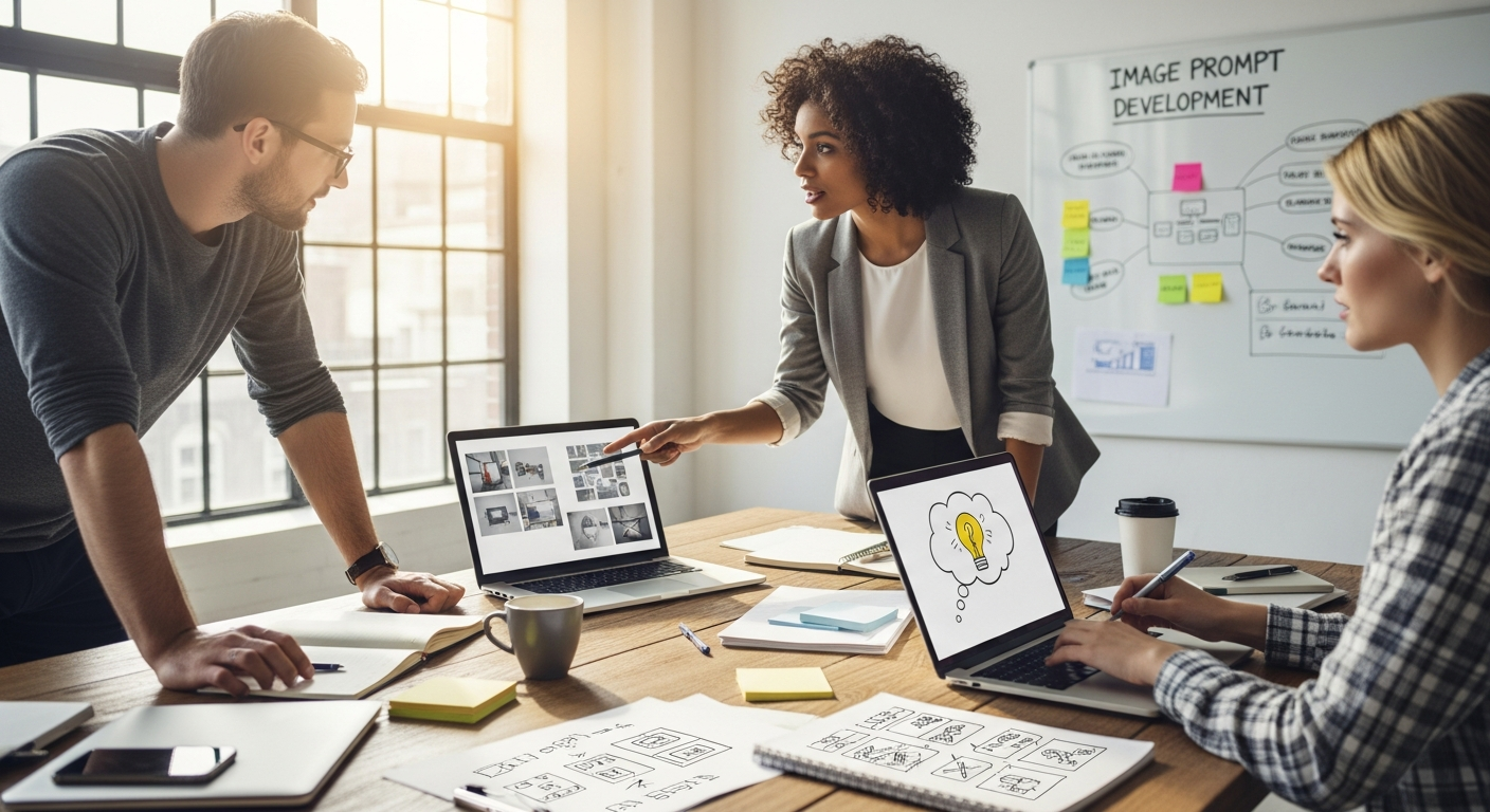 현대적인 사무실에서 이미지 프롬프트를 개발하며 함께 협력하는 블로그 콘텐츠 팀의 모습