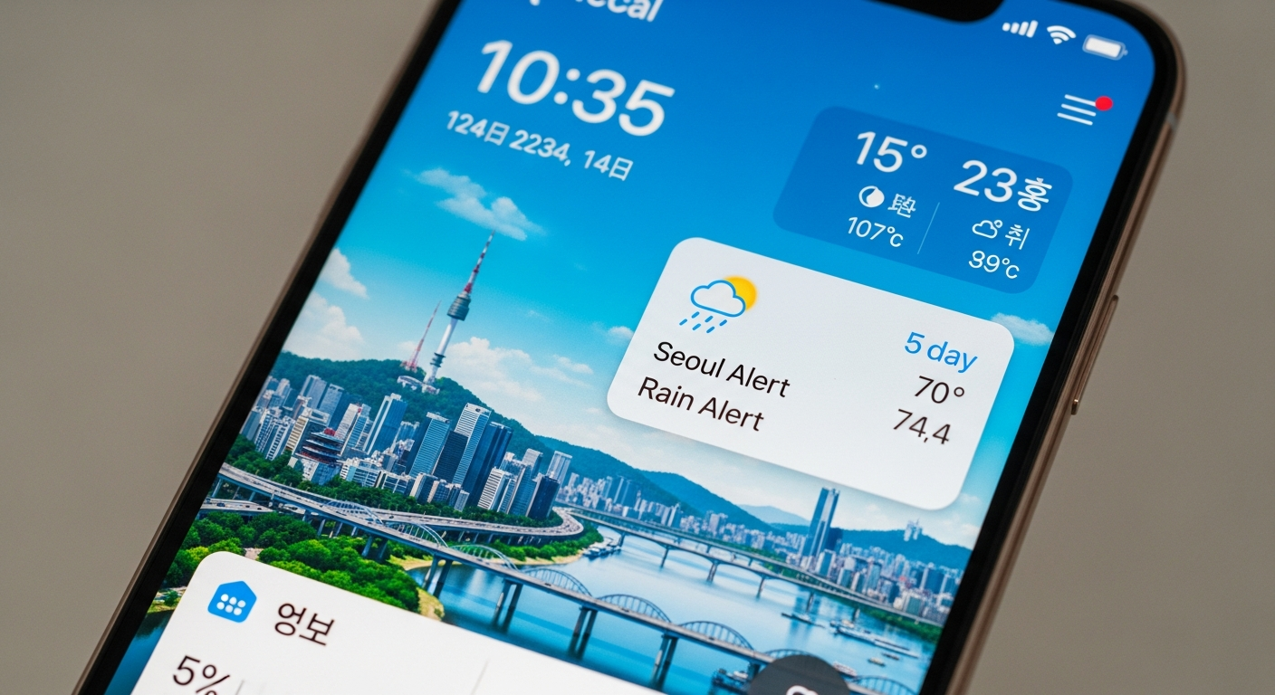 서울의 실시간 날씨 알림 봇 화면과 도시 배경