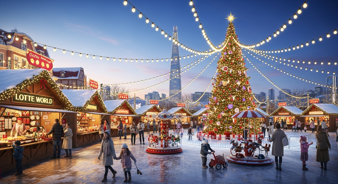 잠실 롯데타운 크리스마스 마켓의 아름다운 유럽풍 크리스마스 마을과 대형 크리스마스 트리