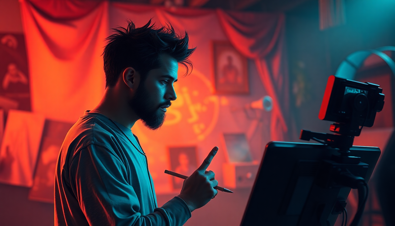 Midjourney AI 툴로 예술적 감각이 돋보이는 콘셉트 아트를 제작하는 아티스트의 모습