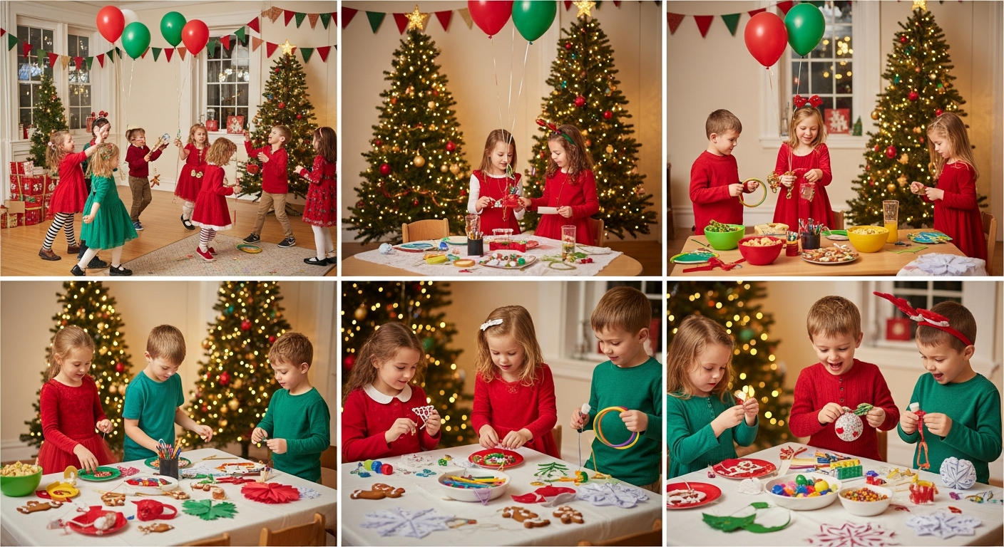 어린이집 크리스마스 파티에서 레드와 그린 드레스코드를 입은 아이들이 게임과 공예 활동에 참여하는 모습