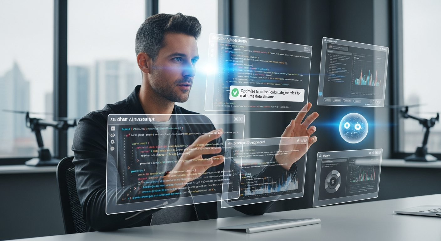최신 기술 사무실에서 AI와 협업하여 소프트웨어를 개발하는 미래형 개발자 모습