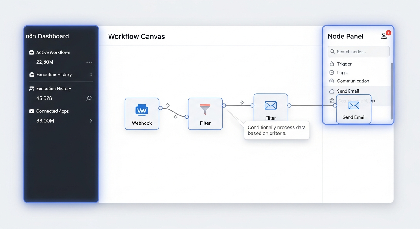 비전문가용 n8n 클라우드 대시보드와 워크플로우 캔버스, 노드 패널 인터페이스 화면